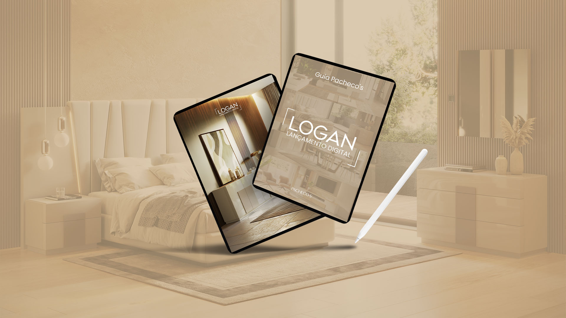 Dois tablets com mockups do Guia Pacheco's sobre o lançamento da coleção Logan